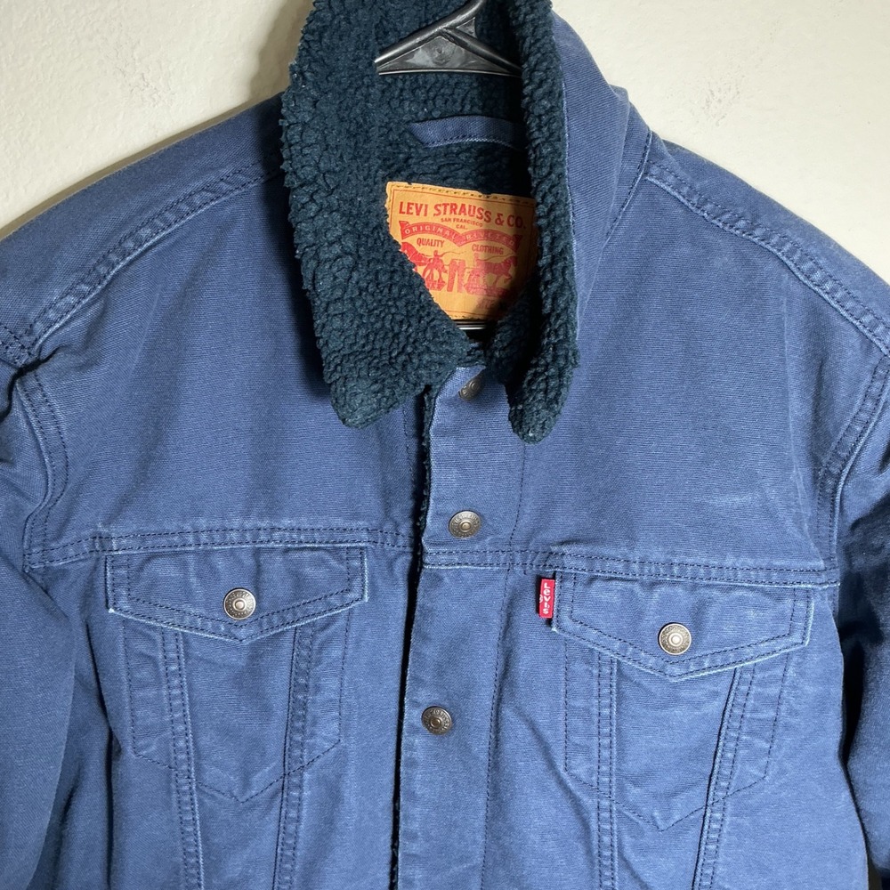 Levis Trucker Jacket Womens XL Blue Sherpa Lined Canvas Snap Button Workwear VTG